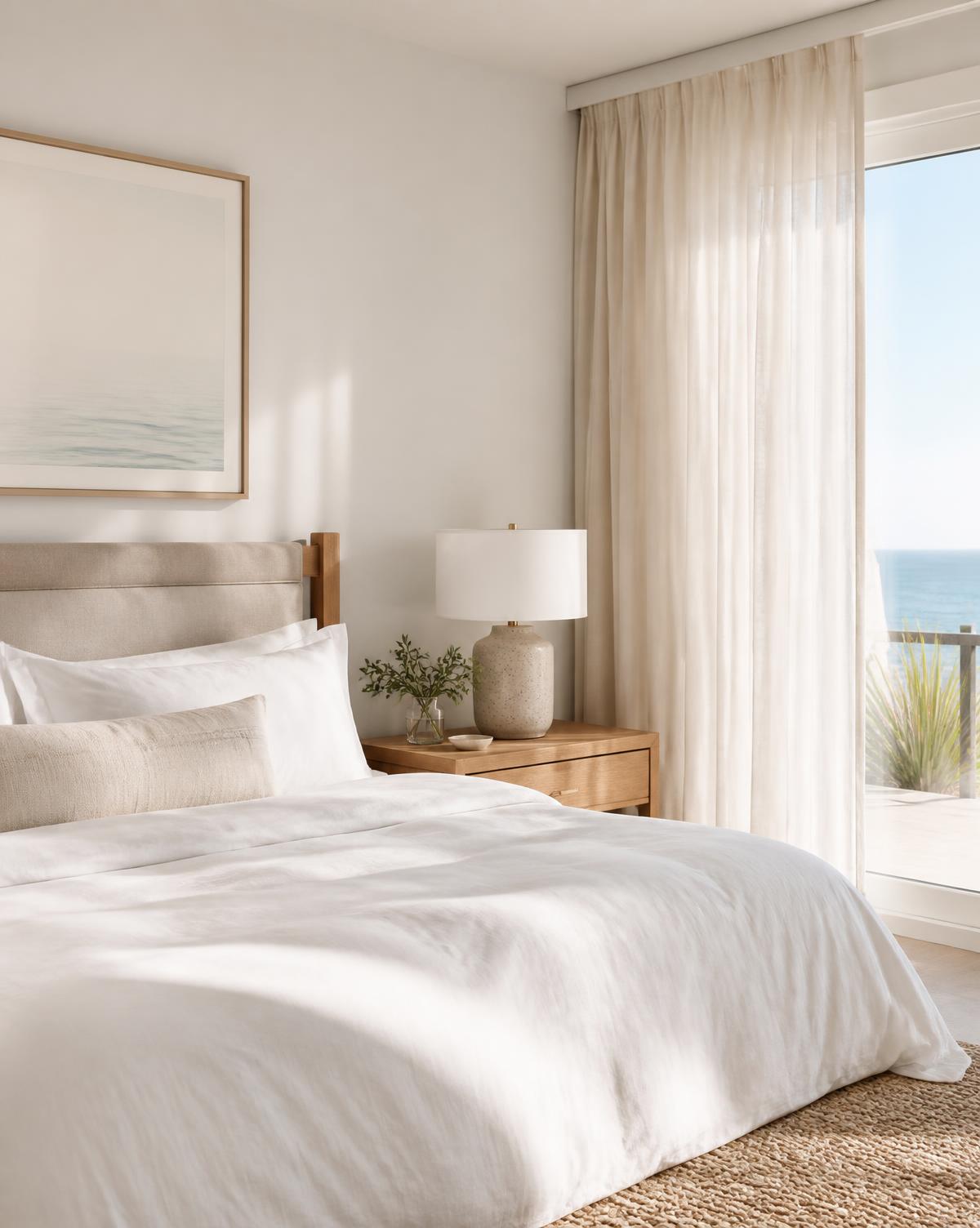 Sunlit bedroom with crisp white linens and ocean view