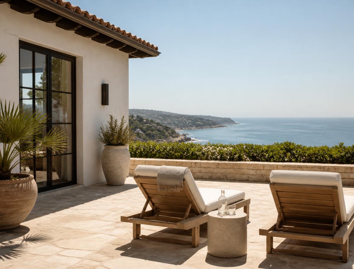 Terrace lounge chairs overlooking the coastline