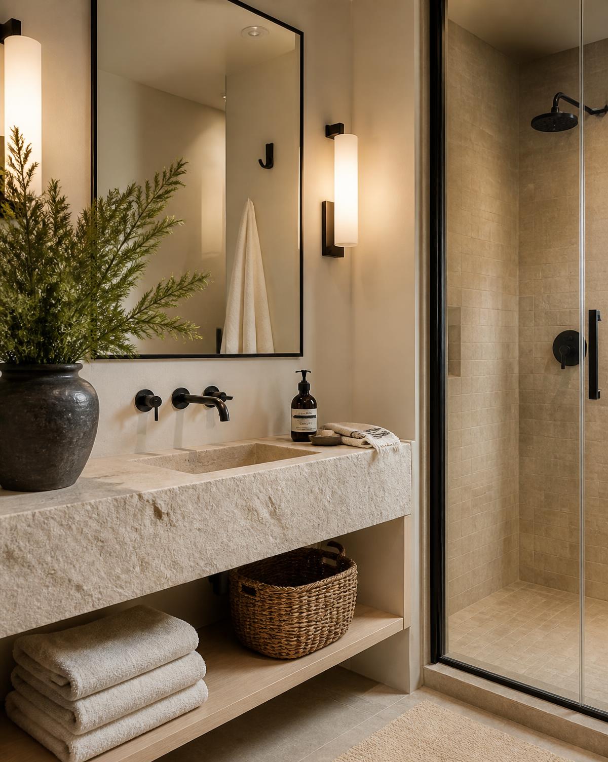 Stone vanity bathroom with soft towels and warm lighting