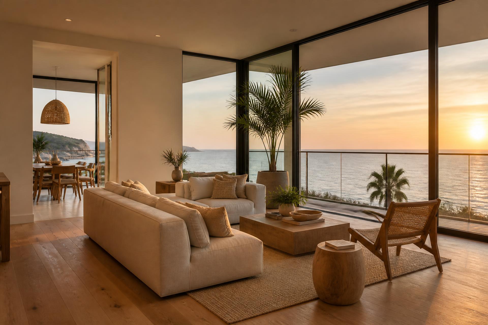 Luxury coastal living room at sunset with ocean views